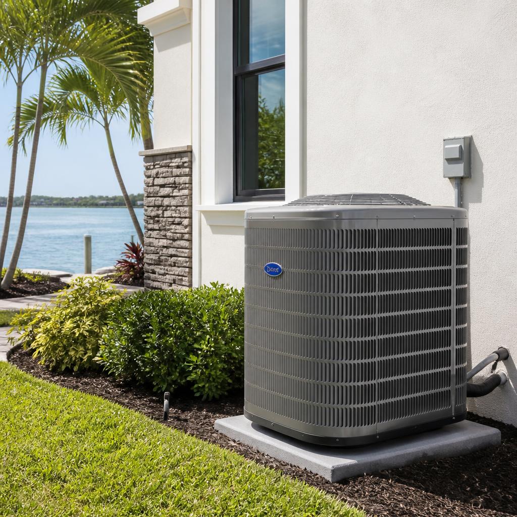 Residential air conditioning condenser unit installed beside a Palm Coast, Florida coastal home