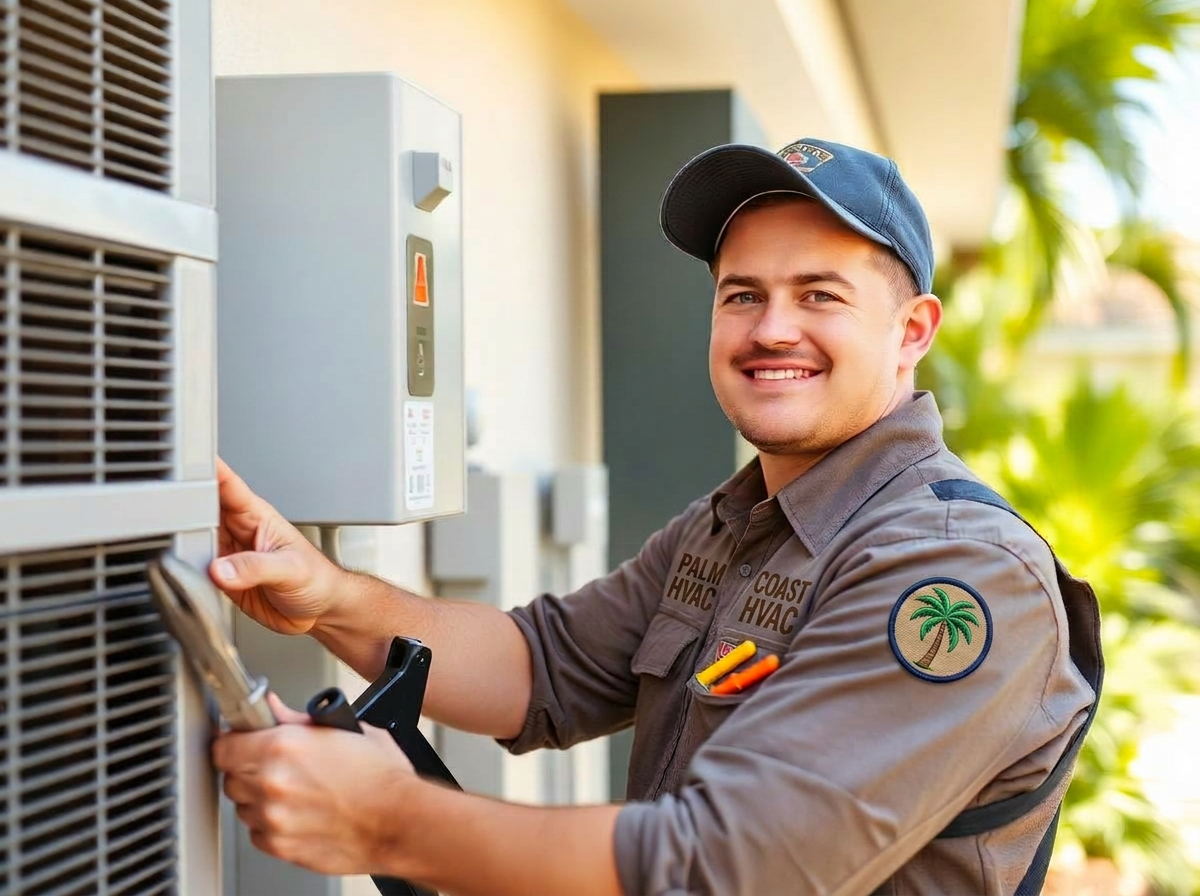 Palm Coast HVAC technician servicing an air conditioning system in Florida