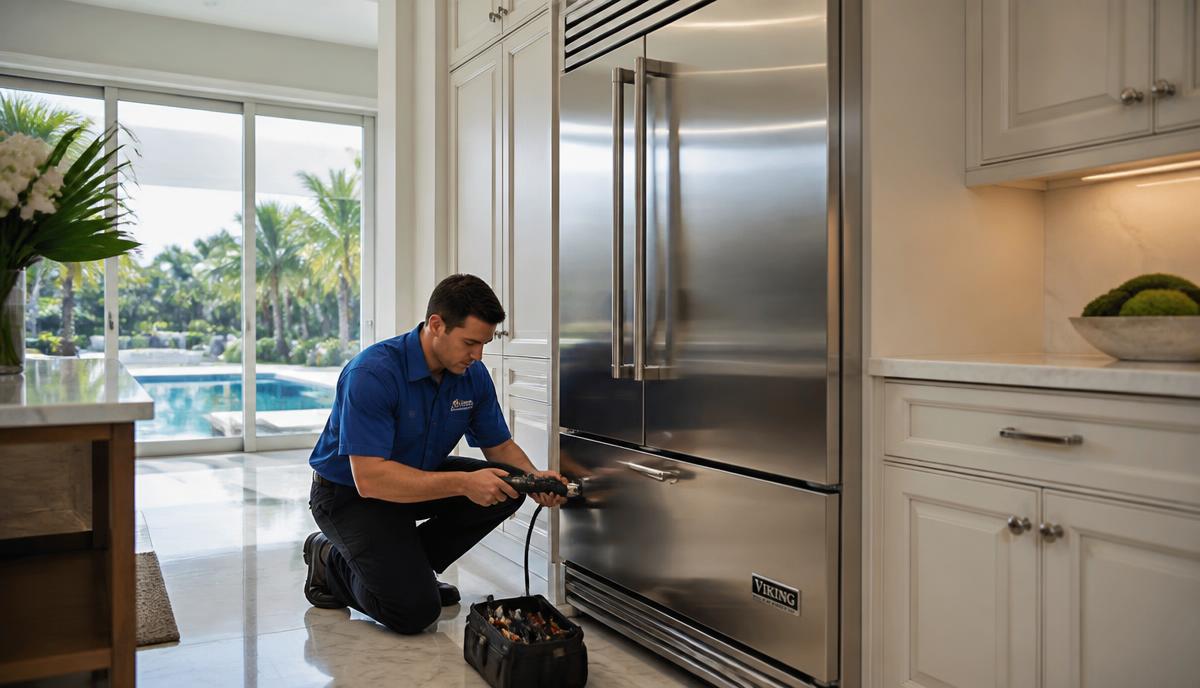 Appliance technician servicing a stainless steel Viking built-in refrigerator in a Palm Coast, FL kitchen