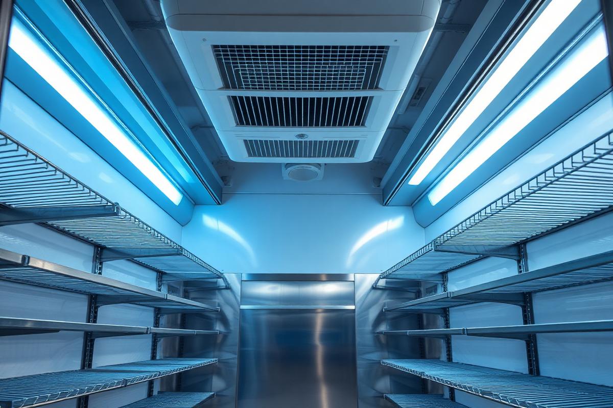 Interior of a commercial walk-in cooler with stainless steel shelving and ceiling evaporator unit